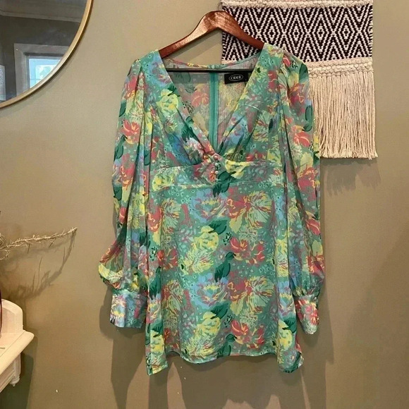 CIDER FLORAL LONG SLEEVE RUFFLE MINI DRESS SIZE L NWT - Picture 2 of 7